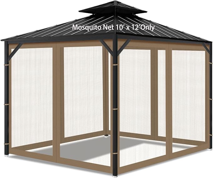 Gazebo Universal Replacement Mosquito Netting, Outdoor Mesh Netting Screen 4-Panel Sidewall with Zipper for Patio, Canopy, Garden and Backyard, Gray(Mosquito Net Only) (Khaki, 10' x 12')