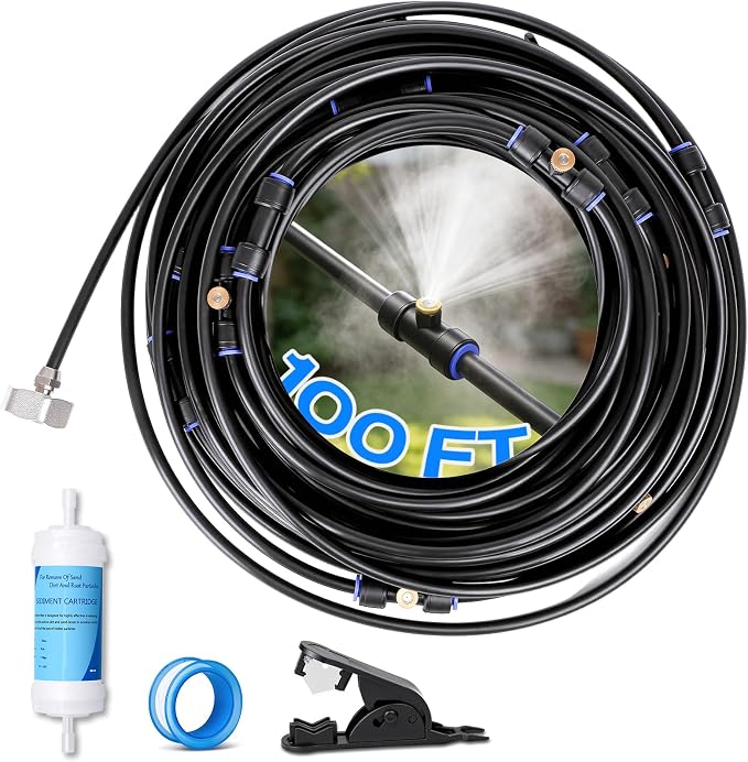 Misters for Outside Patio 100FT, Pre-Assembled WaterMisting Cooling System with 30 Brass Nozzles & 3/4" Adapter, Outdoor Mister Kit for Backyard, Garden, Greenhouse, Chicken Coop, Dog House