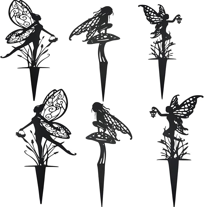 Decorative Garden Stakes， Fairy Garden Stakes, Butterfly Fairy Stakes for Weather Resistant Black Metal Outdoor Decorative Art for Women Gift (Matte Black, 6P-A)