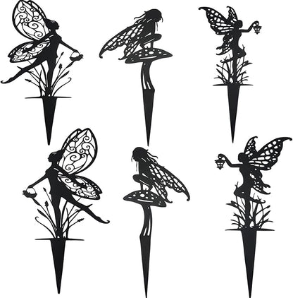Decorative Garden Stakes， Fairy Garden Stakes, Butterfly Fairy Stakes for Weather Resistant Black Metal Outdoor Decorative Art for Women Gift (Matte Black, 6P-A)