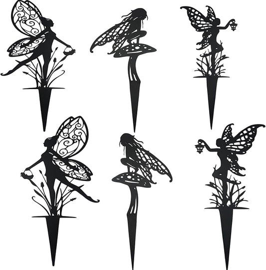 Decorative Garden Stakes， Fairy Garden Stakes, Butterfly Fairy Stakes for Weather Resistant Black Metal Outdoor Decorative Art for Women Gift (Matte Black, 6P-A)