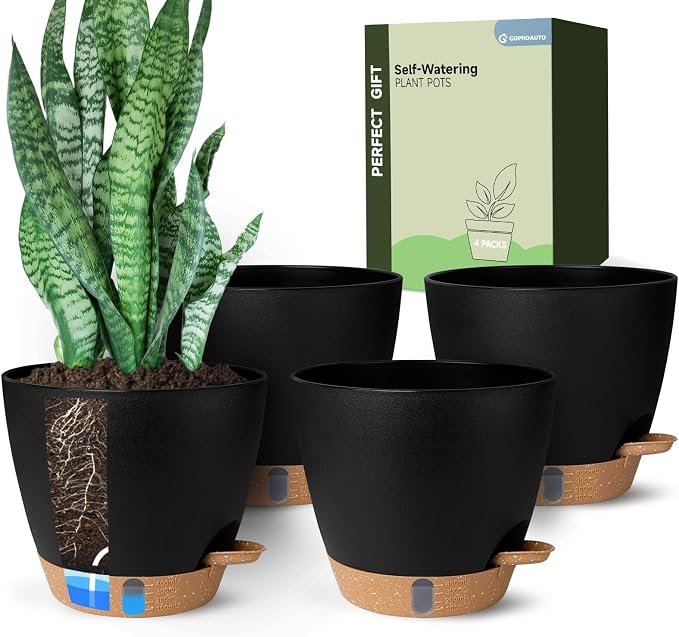 8 Inch Self Watering Pots for Indoor Plants, Plastic Planters with Deep Reservoir & Drainage Holes, Flower Pots for Monstera, Snake Plant & Peace Lily, Worry-Free Vacation Care (Black, 8 inch)