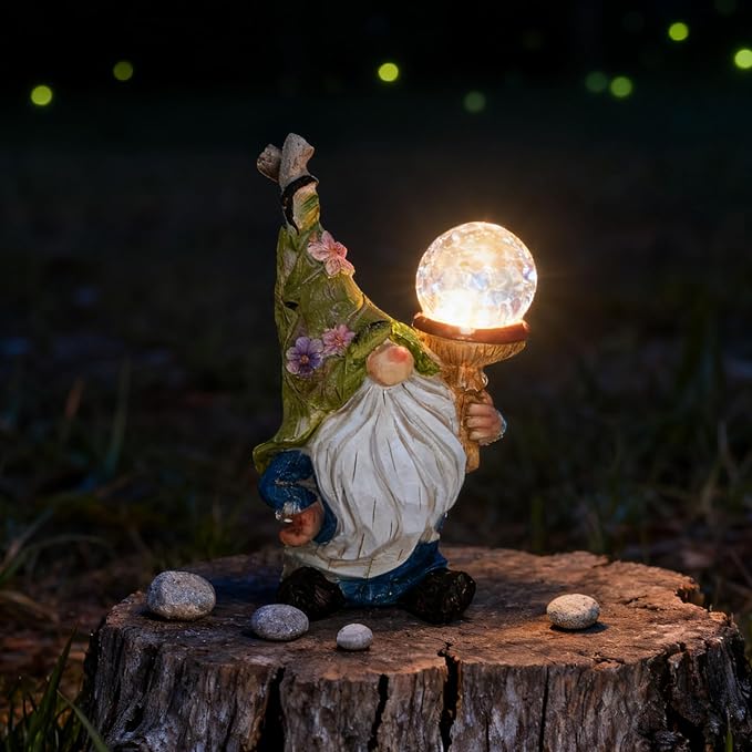Garden Gnome Solar Light StatueOutdoor Decorative Statue | Gnome With Crackle Glass Globe, Blue & White Floral Design, Waterproof LED Yard Art for Patio, Lawn, Garden,Gift for Women