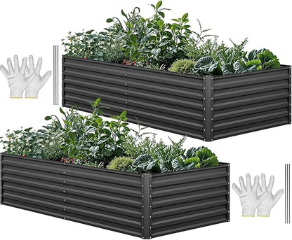 YITAHOME 2pcs 8x4x1.5 ft Galvanized Raised Garden Bed Kit, Large Metal Planter Box with Gloves, Safety Rubber & Support Rod, Outdoor Flower Bed for Plants Vegetables, Black