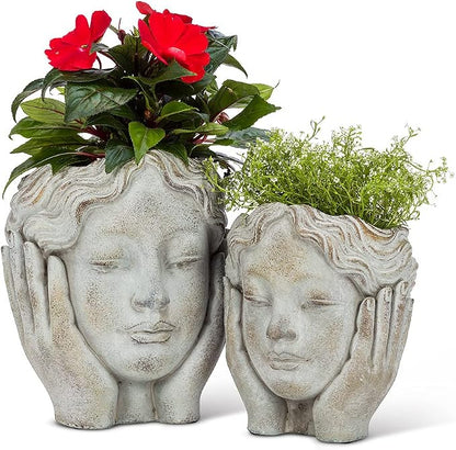 Abbott Collection Medium Head in Hands Planter | For Succulents & Small Plants, Cement, Gray, 8"H, No Drainage Hole