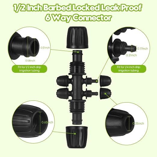 50 FT 1/2 Inch Drip Irrigation Tubing Kit-Drip Line Irrigation Hose 1/2 Inch with 1/2" to 1/4" Barbed Locked 6-Way & 1/2" Tee Connectors-Drip Tube Irrigation Fittings System Parts for Garden Watering