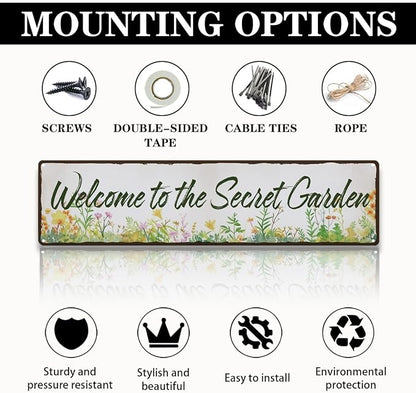 Garden Metal Tin Sign, Vintage Farmhouse Decor, Welcome to the Secret Garden Sign, Gardening Wall Art, for Yard Fence Door Porch, Rustic Indoor Outdoor Decoration, 15.7 x 3.9 Inches