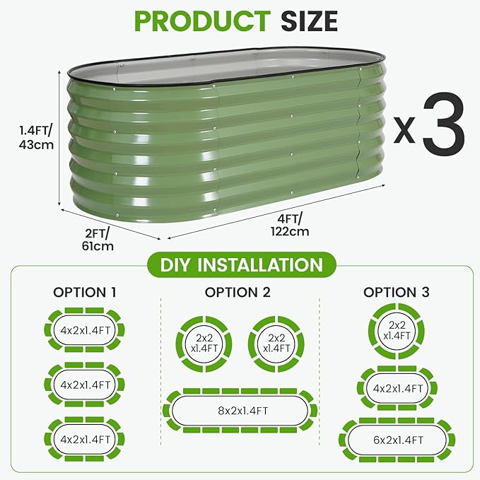 Galvanized Raised Garden Bed Outdoor |17'' Tall Planter Box Outdoor for Deep Root Plants | 3Pcs Raised Bed Kit for Gardening with Rubber Strip for Vegetables Flowers Fruits (Olive Green, 4x2x1.4FT)