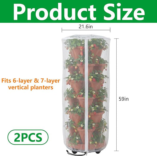 2 Pcs Vertical Plant Pot Insect Netting with Zipper, 59"x22" Stackable Planter Garden Net Cover, 6 to 7 Tier Planter Pot Insect Bird Barrier Protection Mesh for Strawberry Herb Flower Fruit Vegetable