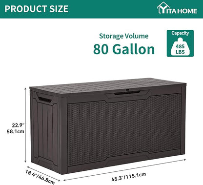 YITAHOME 80 Gallon Resin Deck Box | Weather Resistant Outdoor Rattan Storage Box, Lockable Indoor Outdoor Storage for Supplies and Essentials, Dark Brown