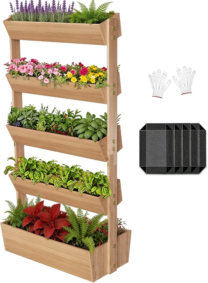 Baotree 5 Tiers Vertical Wooden Raised Garden Bed, Tiered Standing Garden Planters Outdoor, Garden Tower Wooden Planter Box for Planting Herbs Flowers Vegetables Indoor Outdoor Gardening