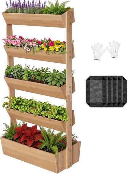 Baotree 5 Tiers Vertical Wooden Raised Garden Bed, Tiered Standing Garden Planters Outdoor, Garden Tower Wooden Planter Box for Planting Herbs Flowers Vegetables Indoor Outdoor Gardening