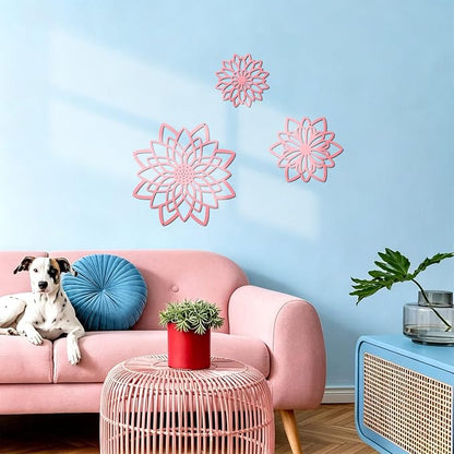 3 Pieces Metal Flowers Wall Decor, Black Wall Decoration Metal, Flower Art Wall Decor Farmhouse Wall Decorations Multiple Flowers Hanging Decor for Bathroom Living Room Home Kitchen Garden Office (Pink Concise)