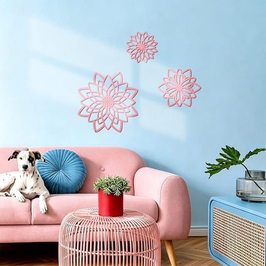 3 Pieces Metal Flowers Wall Decor, Black Wall Decoration Metal, Flower Art Wall Decor Farmhouse Wall Decorations Multiple Flowers Hanging Decor for Bathroom Living Room Home Kitchen Garden Office (Pink Concise)