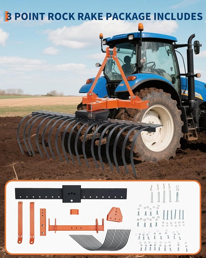 3 Point Hitch Tractor Rake, 50" Landscape Rake Category-0 Cat-1 Tractor with 360 Degree Rotation,Replaceable Spring Steel Tines, Quick Mount for Clearing Brush, Raking Arenas
