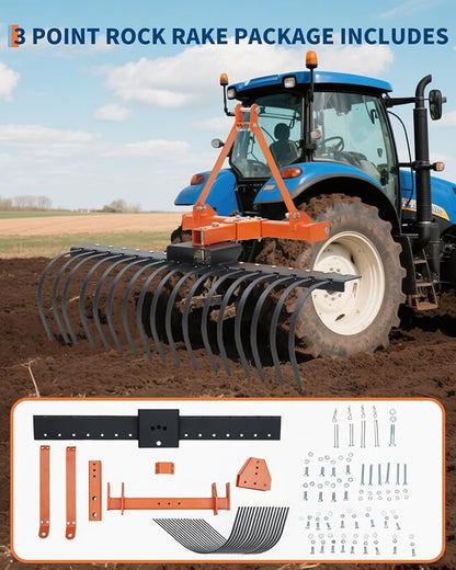 3 Point Hitch Tractor Rake, 50" Landscape Rake Category-0 Cat-1 Tractor with 360 Degree Rotation,Replaceable Spring Steel Tines, Quick Mount for Clearing Brush, Raking Arenas