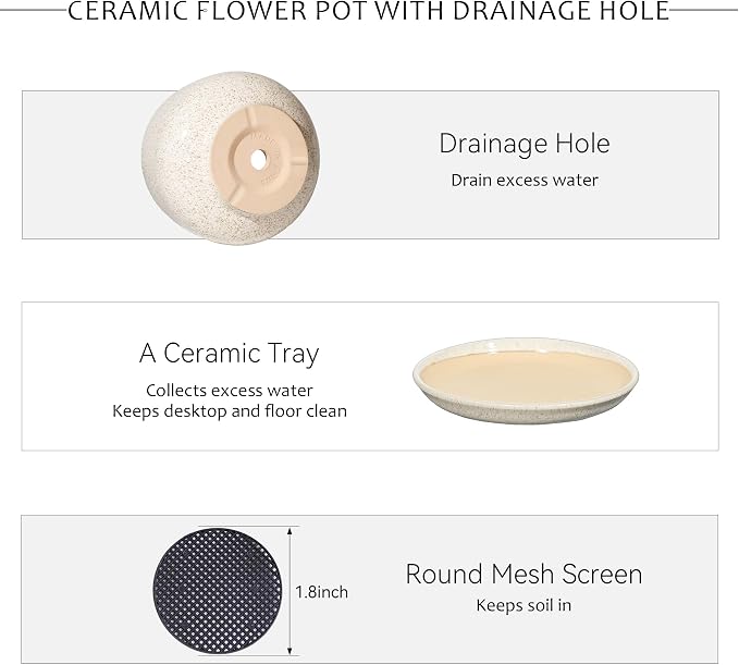 7.5 Inch Ceramic Planter with Saucer,Modern Garden Pots with Drainage Hole Mesh Net, for Indoor Outdoor Use (Silk White)