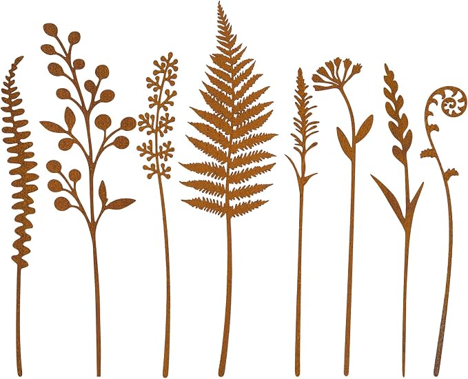 8-Piece Fern & Leaf Metal Garden Stakes | Flower Bed Accent, Pot and Patio Display, Rustic Metal Finish, Yard Art Style