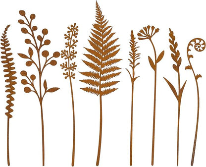 8-Piece Fern & Leaf Metal Garden Stakes | Flower Bed Accent, Pot and Patio Display, Rustic Metal Finish, Yard Art Style