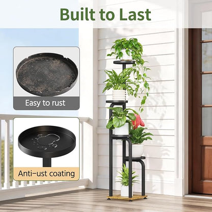 LASZOLA 5 Tiered Plant Stand Tall for Indoor Corner, Modern Multiple Flower Display Rack with Metal Tray, Vertical Planter Shelf for Living Room Bedroom Patio Garden Balcony, Black