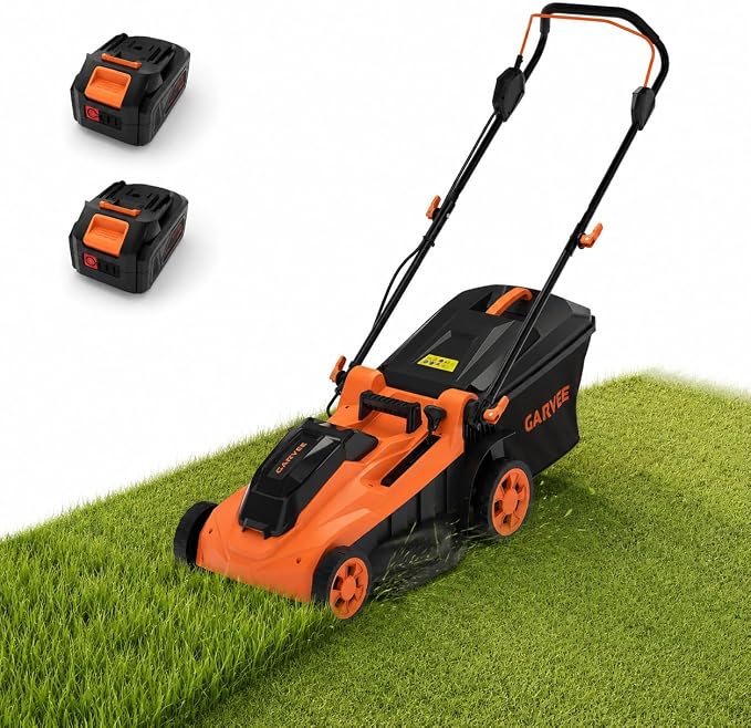 Garvee Cordless Lawn Mower, 17-Inch Battery Powered Electric Push Mower, 2-in-1 Mulching & Bagging, 6 Cutting Heights, 40L Grass Bag, Lightweight Walk-Behind Mower for Small to Medium Yards, Orange