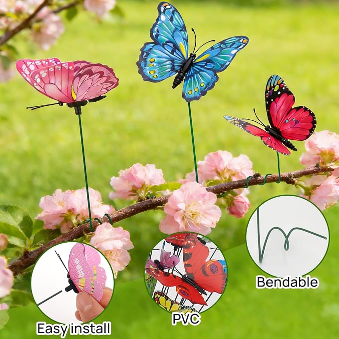 60Pcs Butterfly Garden Decorations, Assored 2 Size PVC Butterfly Decorative Garden Stakes, 11.8 inch Butterflies Garden Stakes for Patio Yard Decor(Random Color, Requires Assembly)