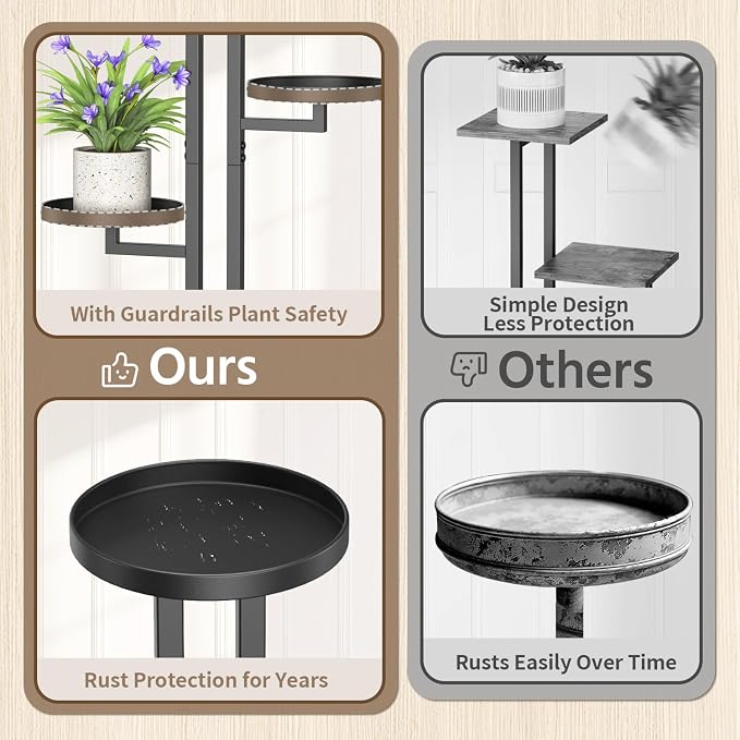 LASZOLA Black 3 Tiered Plant Stand Indoors Heavy Duty Metal Rack, Sturdy Multi Level Shleving Hold Flowers, Larger House Decorate Ladder for Planting Inside Tree Herb Cactus, Wooden Base, Space Saving