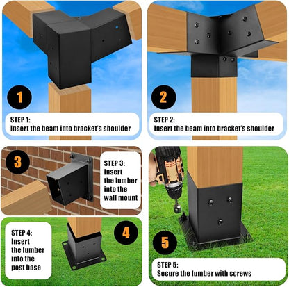 Pergola Kit, 15° 3-Way Slanted Roof Pergola Bracket Set, Roof Wall Mount Extension Bracket 4" x 4" (Actual 3.5" X 3.5") - Set 9