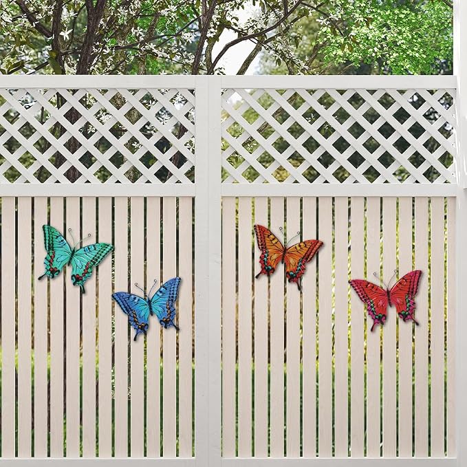 dreamskip 4 Pack Butterfly Wall Decor Art, Vivid Butterflies Outdoor Metal Wall Art with Colorful Pattern, Outdoor Garden Yard Fence Patio Decor Gift for Women Mom