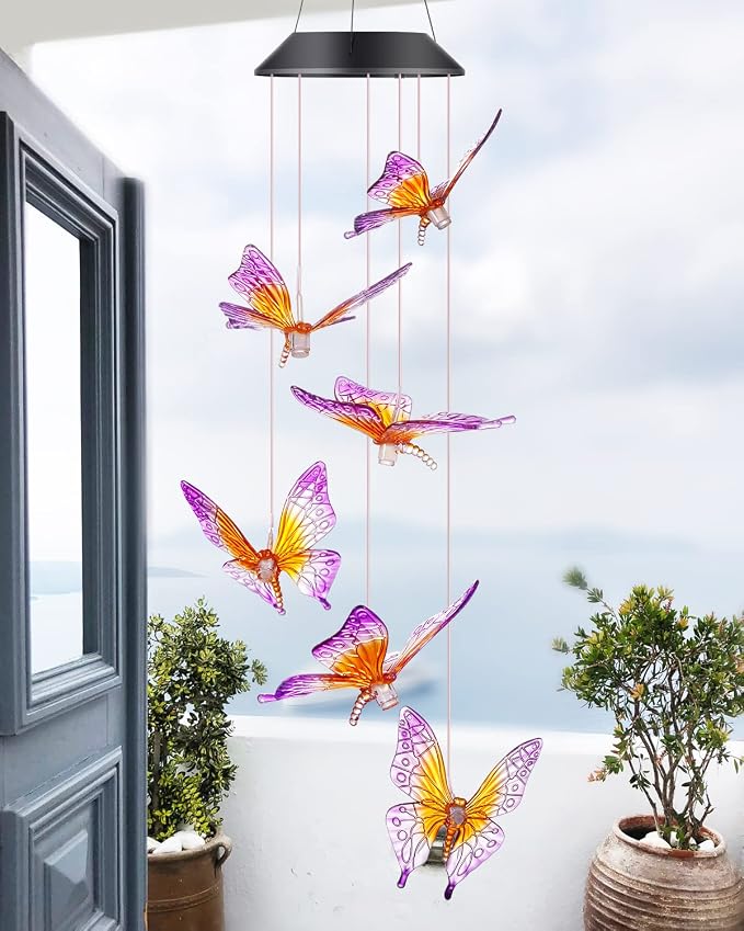 DesGully Butterfly Wind Chimes, Solar Wind Chimes/Wind Chimes for Outside Color Changing (Gifts for mom/Gift for Grandmom/Gift for Women) Thanksgiving Gift Butterfly Gift