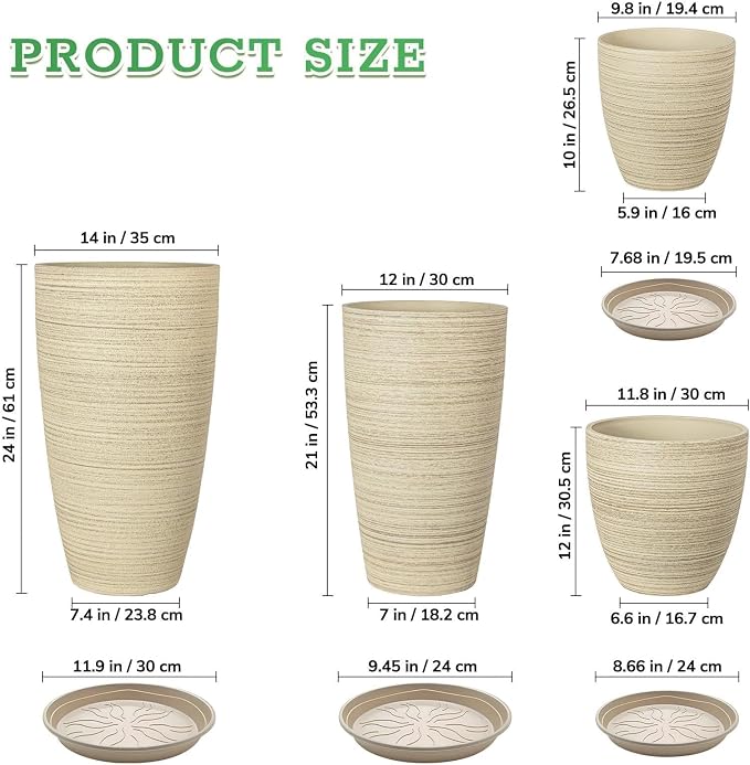 ZMTECH 4 Pack Plastic Planters 24/21/12/10 in, Beige Faux Stone Finish Round Flower Pots with Drainage Holes & Saucers, Large Tall Plant Pots for Indoor Outdoor, Patio Garden Decor, Plant Containers