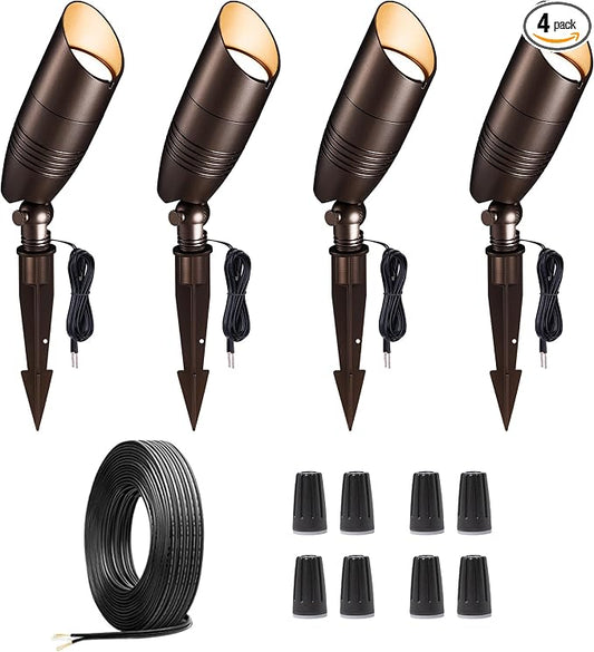 Low Voltage Landscape Lighting Kit, 4 Pack 3000K/4000K/5000K Spotlights and 100FT Cable and 20 Wire Connectors, Aluminum ORB Waterproof Uplight for Tree Yard House, Without Transformer