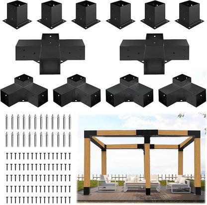 JEXALINE Aluminum Pergola Kit for 4"x4" Lumber, Heavy Duty Pergola Brackets with 3-Way & 4-Way Corner Brackets, DIY Gazebo Kit for Outdoor Patio Backyard Garden, Fits Actual 3.6" x 3.6" Wood