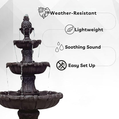 XBrand 58.3" 3-Tier Outdoor Freestanding Water Fountain - Classic Leaf Design, Brown Resin, Large Bird Bath with Pump - Ideal for Yard, Lawn and Garden, Porch Décor