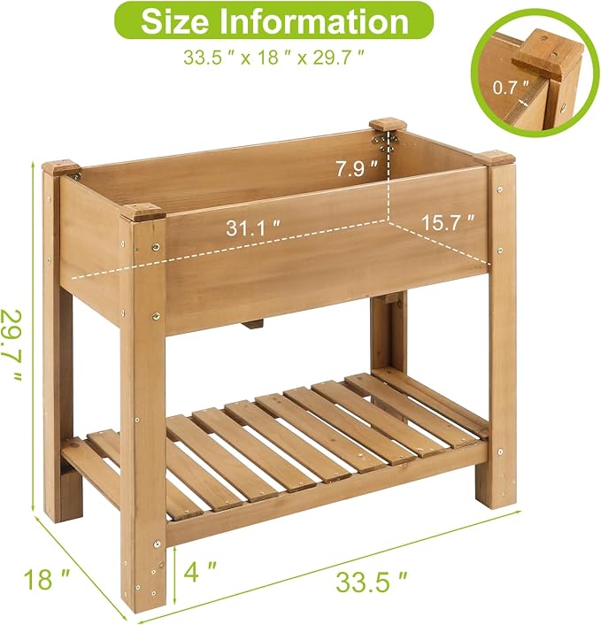 ketive Raised Garden Bed with Legs - Elevated Wooden Planter Box, Durable Fir Wood, Reinforced Frame with Drainage Holes, Liner, and Storage Shelf for Vegetables, Herbs, Flowers, 33.5" x 18" x 30"