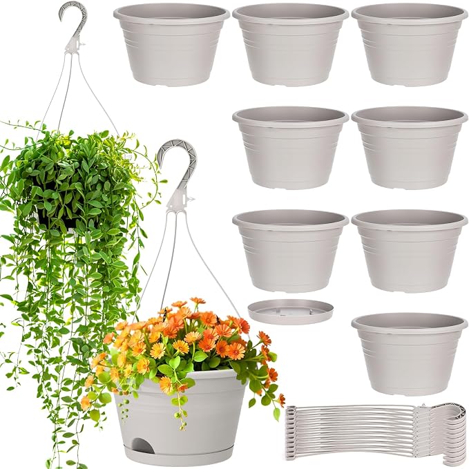 Roshtia 10 Pcs 10 Inch Hanging Baskets for Plants Large Plastic Hanging Basket Pots with Drainage Trays Self Watering Planter Pots for Outdoor Indoor Plants Flowers Garden Balcony (Grey White)