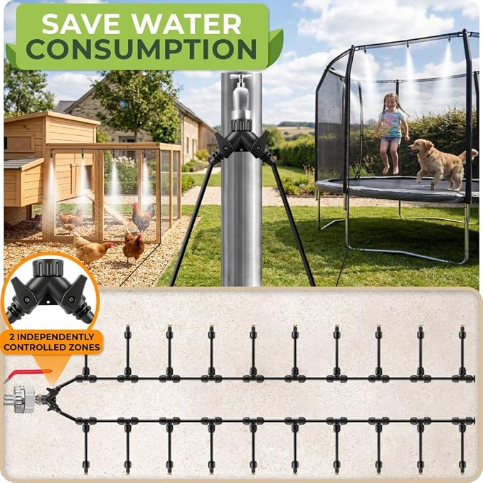 Misting System for Patio, 75 FT Outdoor Misters for Outside Patio Cooling, Fine Mist Mister Kit with Flexible Rod Nozzles, Garden Faucet Setup for Pergola, Garden, Greenhouse, Backyard, Black
