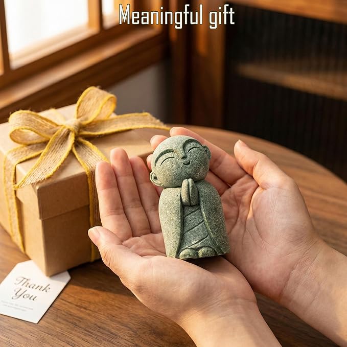 Jizo Statue, Little Monk Buddha Figurines for Zen Garden and Aquarium, Natural Sandstone Sculpture with Tilt Smile, Meditation Decor for Home Office Desk, Grey (Jizo Monk)