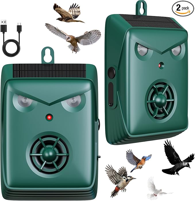 2026 New Solar Ultrasonic Bird Repellent Devices, Woodpecker Deterrent for House Siding, Waterproof Pigeon Repeller Outdoor Animal Repellent for Outside Balcony Patio Garden (2 Pack)
