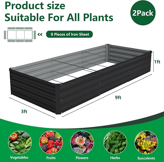 Vengarus 2PCS 9x3x1ft Galvanized Raised Garden Beds Kit,Planter Box Black | Galvanized Steel, Rectangular Metal Planter Raised Beds, Vegetables, Herbs, Flowers, Easy Assembly, Rustproof Safe Backyard