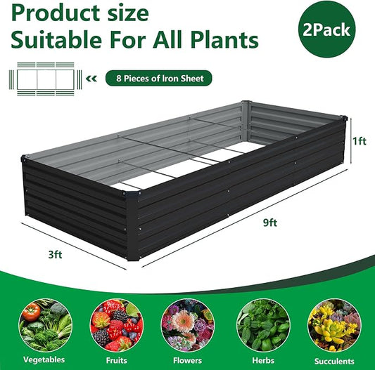 Vengarus 2PCS 9x3x1ft Galvanized Raised Garden Beds Kit,Planter Box Black | Galvanized Steel, Rectangular Metal Planter Raised Beds, Vegetables, Herbs, Flowers, Easy Assembly, Rustproof Safe Backyard