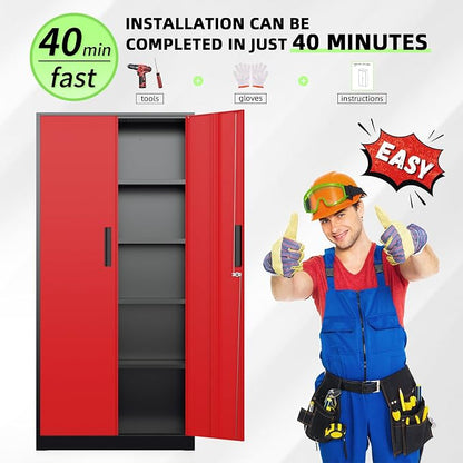 INTERGREAT Metal Storage Cabinet, 72" Locking Steel Cabinets with 2 Door and 4 Adjustable Shelves, Tall Metal Cabinet for Home Office, Garage, Warehouse, Black Red