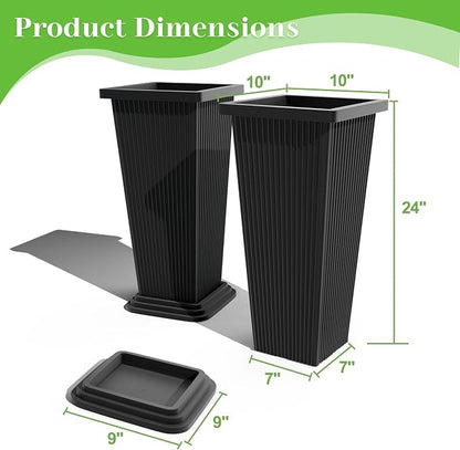 FENCY Set of 2 Tall Planters for Outdoor Plants, Black Ribbed | 24 Inch, with Drainage Hole & Trays, Plastic Tapered Pots, Weather-Resistant, Front Door Decor