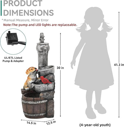 30" Puppy & Red Bird Outdoor Fountain, 3-Tier Pastoral Water Feature with LED Lights, Resin Two Bowls & Wooden Barrel Soothing Cascading Waterfall for Patio, Backyard, Garden | Pastoral Two Bowls & Wooden Barrel Water Feature Outdoor, 3-Tiers Soothing ...