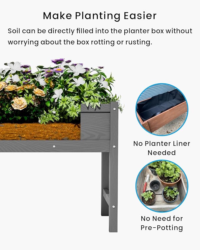 Weatherproof Raised Garden Bed, HDPE Outdoor Elevated Planter Box with Legs, Garden Box, Flower Beds for Patio, Deck, Balcony (Grey)