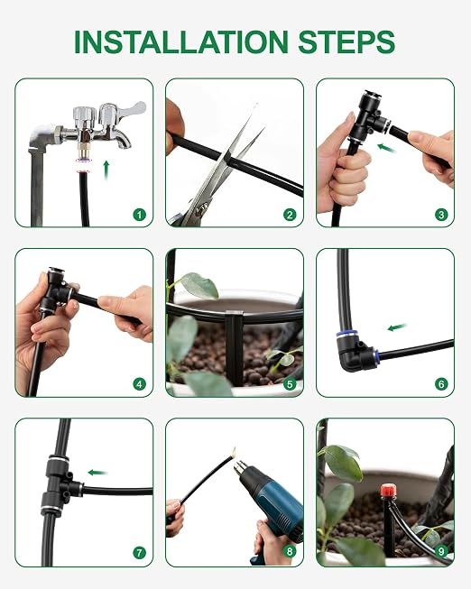 Drip Irrigation System for Garden, Automatic Garden Watering System with 180FT 1/2” & 1/3” Tubing, Dual Faucet, Adjustable Nozzle Emitters for Garden, Greenhouse, Lawn, Potted Plants