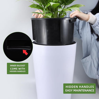 Dexceder 22x13 Self Watering Tall Planter (White Matte) | High Cylinder, Thickened Large Floor Standing Flower Plant Pot with Water Level Indicator Indoor Outdoor
