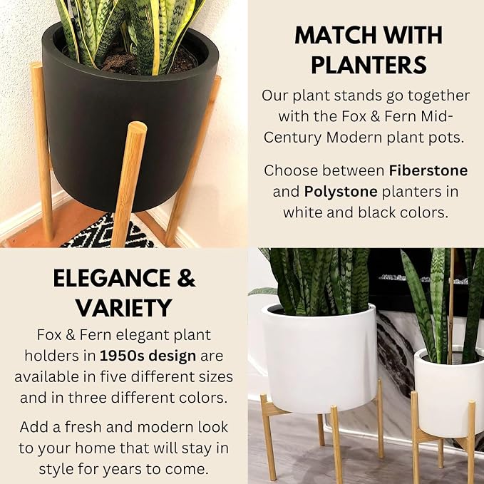 Fox & Fern Bamboo Plant Stand — 8 Inch Fixed Size Mid Century Plant Stand for Indoor Pots (Not Included); Raised Flower Pot Holder for Indoors; Plug In Design; Two Height Options - Bamboo