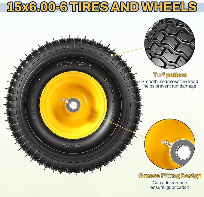 15x6.00-6 Lawn Mower Tire and Wheel, Replacement for John Deere Craftsman Husqvarna Riding Mowers, 4 Ply Tubeless Lawn Mower Tires 15x6x6, 500lbs Capacity, 3" Offset Hub, 3/4" Bushing, 2 Pack