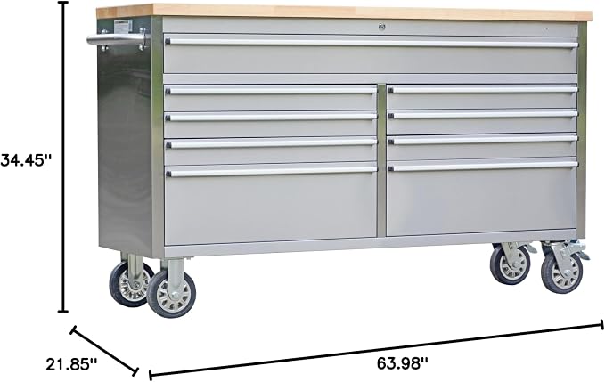 Heavy Duty 61" Tool Chest Cabinet, Mobile Garage Workbench with 9 Drawers and Power Strip, Rubber Wood Worktop, 1675 LBS Load, Rolling Tool Storage Organizer for Mechanic, Shop or Home Use